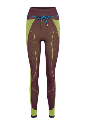 Panty's met een bordeauxrode basis met groene vlekken, gestructureerde stof en een blauwe trekkoord aan de taille. Elastische pasvorm voor comfort.