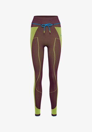 Panty's met een bordeauxrode basis met groene vlekken, gestructureerde stof en een blauwe trekkoord aan de taille. Elastische pasvorm voor comfort.