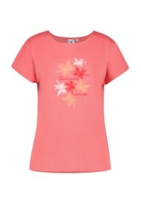 Koraalkleurige t-shirt met korte mouwen, featuring een bloemenprint in wit, geel en rood, met de tekst "Zomerstemming" gecentreerd binnen een rechthoekige omranding.