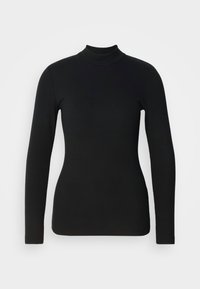 Melna ilga piedurkne turtlenecka blūze, izgatavota no gludas auduma, pieguļošs dizains, augsta apkakle un bezšuvju aproces, ar vienkāršu, neizrotātu virsmu.