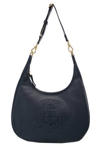 Marinblå läderhobo-väska med en strukturerad yta, som har en cirkulär topp, justerbar axelrem och präglad logotypdetalj på framsidan.