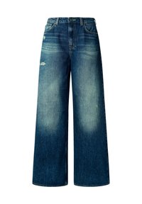 Jeans de mezclilla azul de pierna ancha y cintura alta, con un ligero desgastado y detalles desgastados en los muslos, que cuentan con bolsillos frontales y cierre de botón.