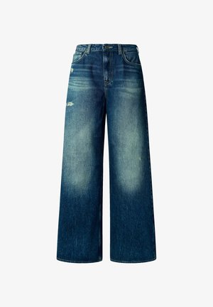 Jeans en denim bleu taille haute à Jambe large avec un léger délavage et des détails distressed au niveau des cuisses, dotés de poches avant et d'une fermeture à bouton.