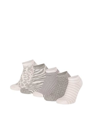 Five gray and white ankle socks with animal print, stripes, and solid patterns arranged in a row on a white background.
