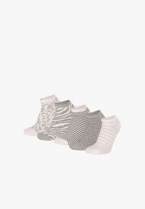 Five gray and white ankle socks with animal print, stripes, and solid patterns arranged in a row on a white background.