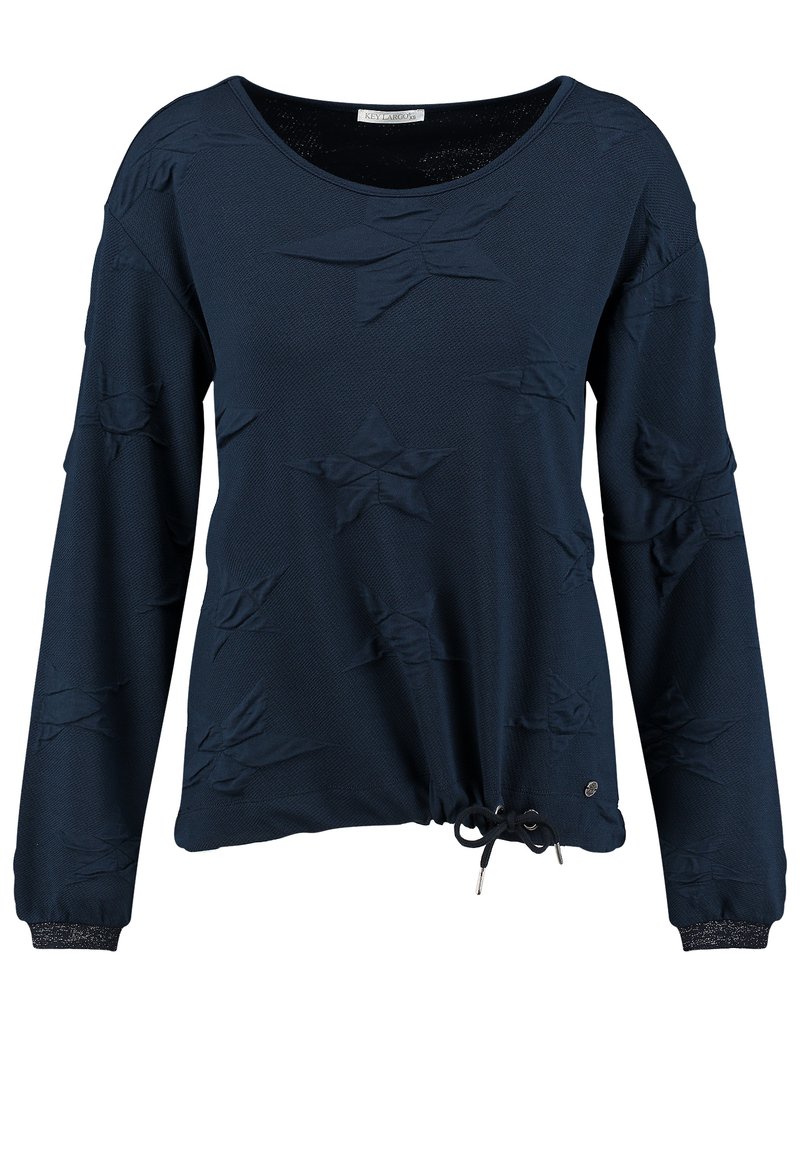 Marineblauwe sweatshirt met lange mouwen, met een gestructureerd ontwerp met sterrenpatronen, verstelbare trekkoord in de taille en geribde boorden.