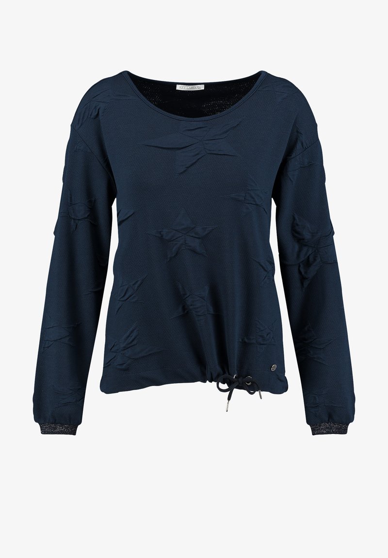 Marineblauwe sweatshirt met lange mouwen, met een gestructureerd ontwerp met sterrenpatronen, verstelbare trekkoord in de taille en geribde boorden.