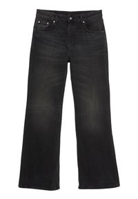 Jeans neri a gamba larga realizzati in denim, con una leggera scoloritura, cinque tasche e minuteria argentata sul davanti con chiusura a cerniera.