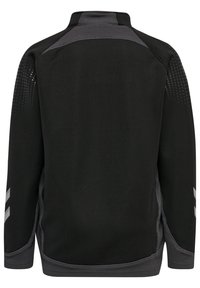 Svart hoodiesjacka med hög krage, nätpaneler och grå accenter. Har prickig textur på ärmarna och sidokantdetalj.