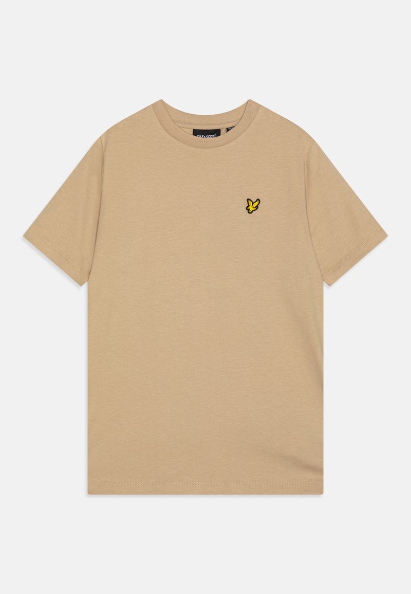 T-shirt en coton beige avec un col rond, des manches courtes et une petite broderie de papillon noir et jaune sur la poitrine gauche. Texture douce.