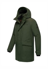 Groene geïsoleerde parka-jack met een hoge kraag, grote voorzakken, snap-knopen bij de mouwen en een tweeweg rits. Accenten met merkdetails.