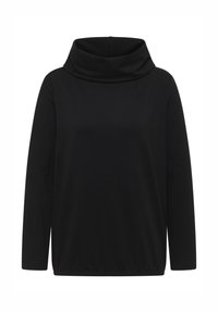 Zwarte lange mouwen top met een colkraagontwerp, gemaakt van een soepele stof. Kenmerkt zich door een relaxte pasvorm en een eenvoudige, naadloze silhouet.