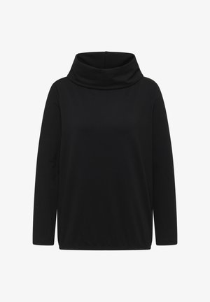 Black long-sleeve top with a cowl neck design, made from a smooth fabric. Features a relaxed fit and a simple, seamless silhouette.