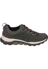 Gray suede and textile sneaker with red accents, laces, and a cushioned sole. Features a rounded toe and a loop tab at the heel.