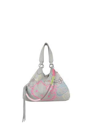 Hellgraue Handtasche mit einer weichen Textur, versehen mit mehreren bunten Hello Kitty Grafiken und einer Mischung aus pinken und grünen Griffen.