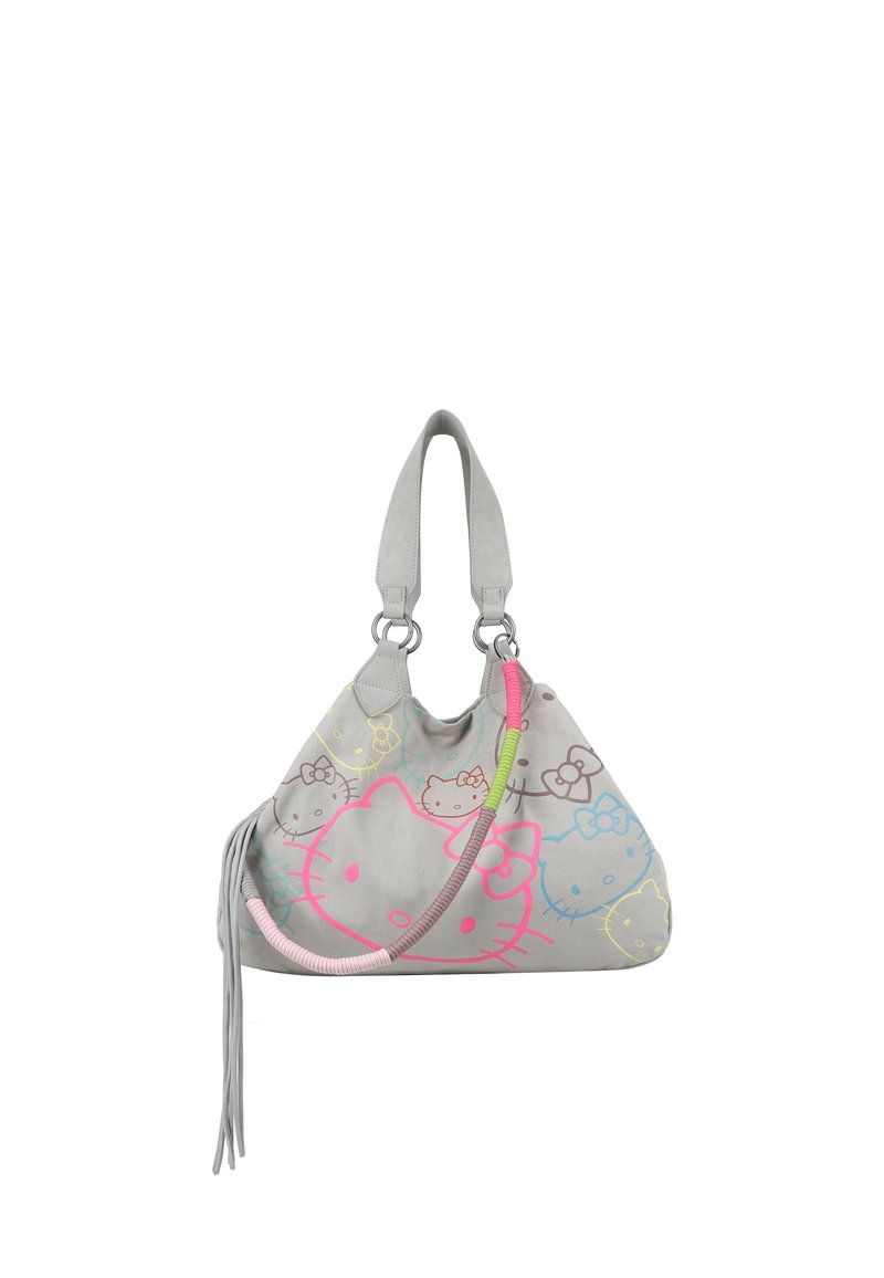 Borsa a mano grigia chiara con una texture morbida, decorata con molteplici grafiche colorate di Hello Kitty e un mix di manici rosa e verdi.