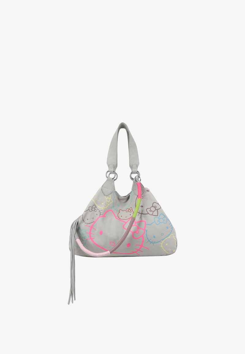 Borsa a mano grigia chiara con una texture morbida, decorata con molteplici grafiche colorate di Hello Kitty e un mix di manici rosa e verdi.