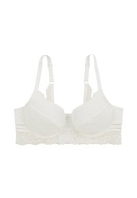 Brassière en dentelle blanche avec des bonnets rembourrés, des bretelles réglables et une finition en dentelle festonnée en bas, dotée d'une fermeture à crochets au dos.