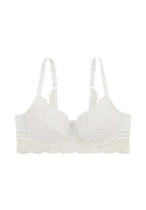 Brassière en dentelle blanche avec des bonnets rembourrés, des bretelles réglables et une finition en dentelle festonnée en bas, dotée d'une fermeture à crochets au dos.