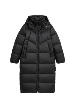 Schwarze Steppjacke mit Kapuze, ausgestattet mit einem Reißverschluss, gesteppten Abschnitten, großen Taschen und einem mittellangen Design. Glattes, glänzendes Material.