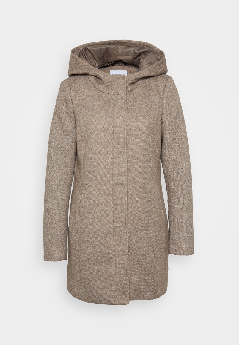 Brown hooded coat with a soft textured exterior, featuring a clean design, front closure, and a smooth inner lining.