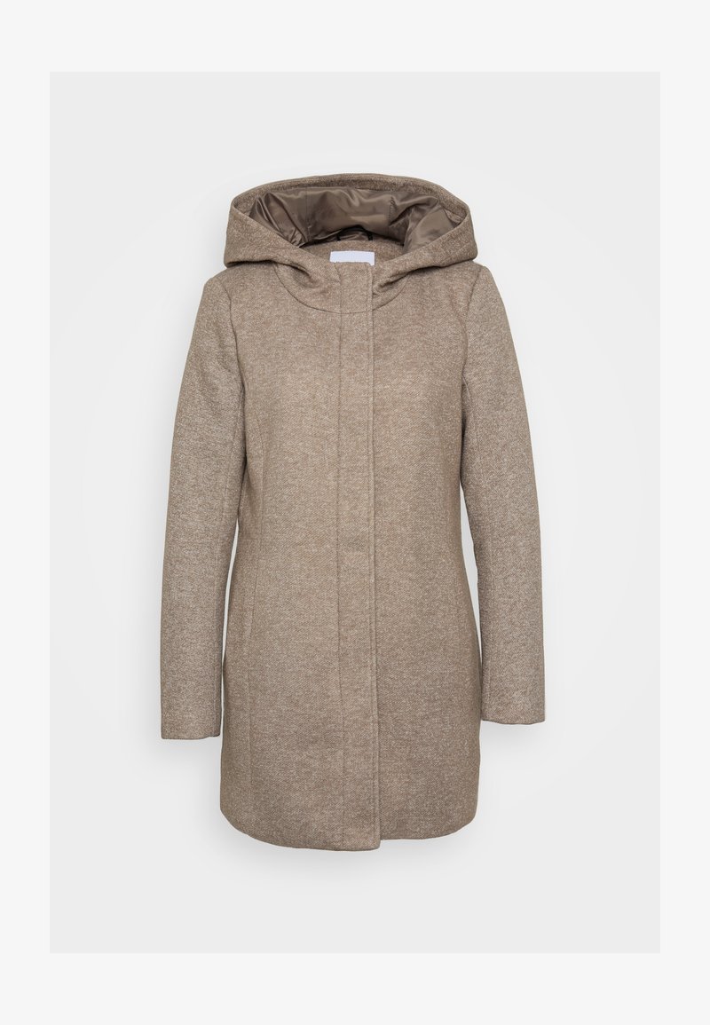 Brown hooded coat with a soft textured exterior, featuring a clean design, front closure, and a smooth inner lining.