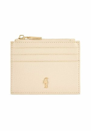 Beżowy skórzany etui na karty z czterema przegródkami na karty, górną kieszenią na zamek błyskawiczny oraz małym złotym emblematem tukana z przodu.