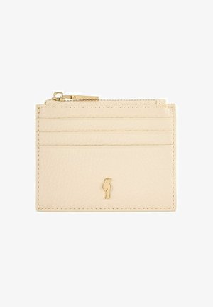 Beżowy skórzany etui na karty z czterema przegródkami na karty, górną kieszenią na zamek błyskawiczny oraz małym złotym emblematem tukana z przodu.