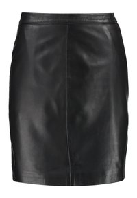 Jupe en cuir noir avec une coupe droite, une texture lisse et une taille simple. Aucun motif visible ni détail métallique.