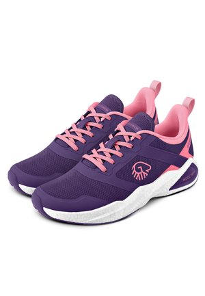 Purple athletic shoes with pink accents, mesh upper, and white sole. Features hexagonal pattern and prominent branding on the side.