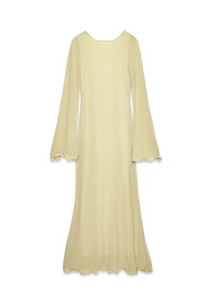 Long pale yellow dress with textured fabric, fitted bodice, flared bell sleeves, and slightly ruffled hem on a white background.