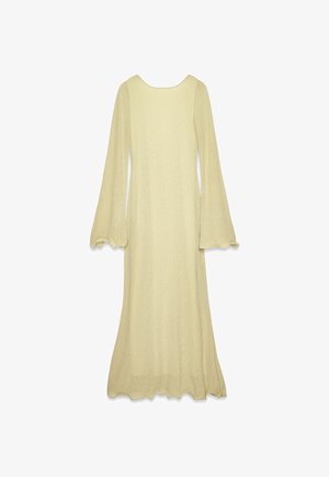 Long pale yellow dress with textured fabric, fitted bodice, flared bell sleeves, and slightly ruffled hem on a white background.