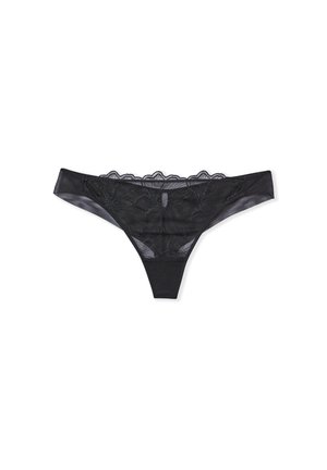 Perizoma in pizzo nero con dettagli floreali, in tessuto a rete trasparente e bordi ondulati. Design semplice e minimalista nel complesso.