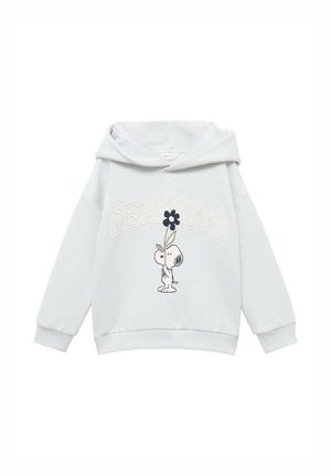 Felpa grigia chiara con la scritta "PEANUTS" e Snoopy che tiene un fiore nero stampato sul davanti, con maniche lunghe e cappuccio.