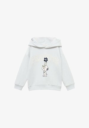 Felpa grigia chiara con la scritta "PEANUTS" e Snoopy che tiene un fiore nero stampato sul davanti, con maniche lunghe e cappuccio.