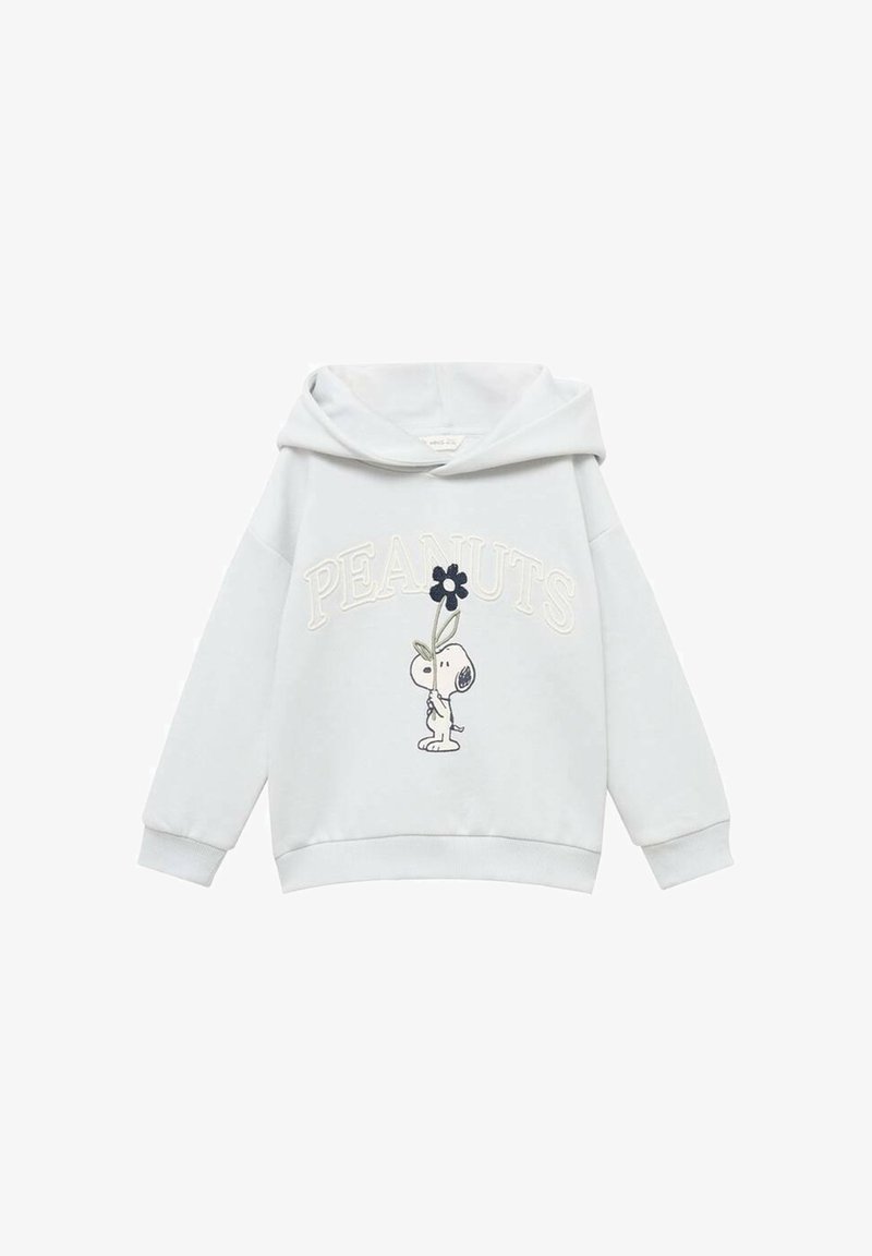 Felpa grigia chiara con la scritta "PEANUTS" e Snoopy che tiene un fiore nero stampato sul davanti, con maniche lunghe e cappuccio.