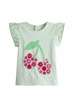 Világoszöld és fehér csíkos kisgyermek ing fodros ujjakkal és virágos cseresznye-applikációval az elején.