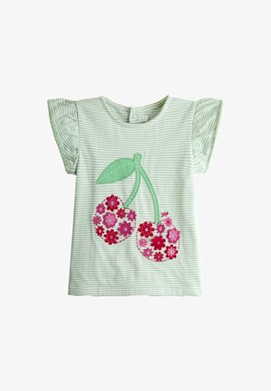 Helerohelise ja valge triibuline väikelapse särk volangiliste varrukatega ja lilleline kirsikujuline tikand ees.