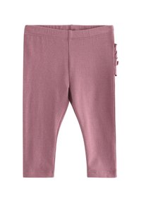 Roze katoenen legging met een aansluitend design, elastische tailleband en een rimpelaccent aan de zijkant. Glad textuur, lengte tot halverwege de kuit.