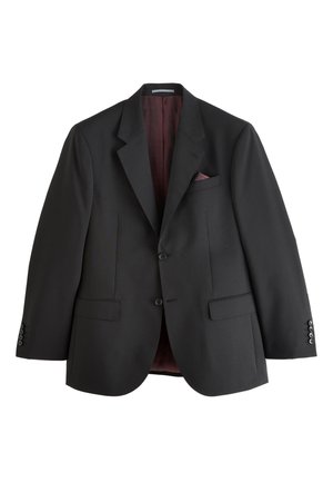 Černé pánské sako se dvěma knoflíky, klopami s výřezem, klopovými kapsami a vínovým vnitřním podšíváním s odpovídajícím kapesníčkem.