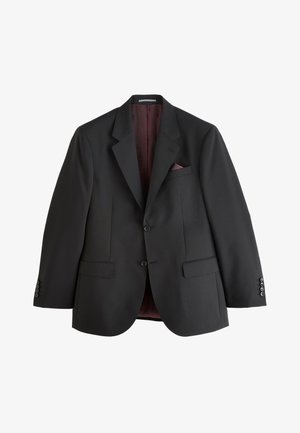 Černé pánské sako se dvěma knoflíky, klopami s výřezem, klopovými kapsami a vínovým vnitřním podšíváním s odpovídajícím kapesníčkem.