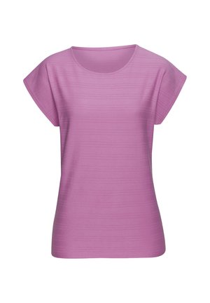 Kortærmet lavendel-lilla dame T-shirt med subtil horisontal ribbet tekstur og rund halsudskæring på hvid baggrund.