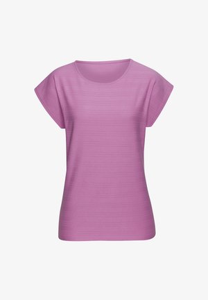 Camiseta de mujer de manga corta color lavanda púrpura con sutil textura acanalada horizontal y cuello redondo sobre fondo blanco.