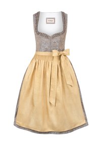 Traditional dress with a gray patterned bodice and a yellow pleated skirt. Features a waist ribbon and decorative neckline stitching.
