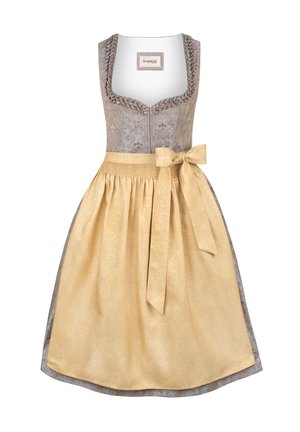 Traditionelles Kleid mit einem grauen gemusterten Oberteil und einem gelben Faltenrock. Verfügt über ein Taillenband und dekorative Nähte am Ausschnitt.