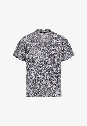 Blouse met korte mouwen, zwart-wit abstract bladerenpatroon en een V-hals.