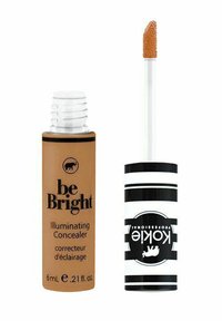 Brun tub med etikett "be Bright Illuminating Concealer," med ett vit-och-svart randigt lock, som har en applikator med doe-foot.