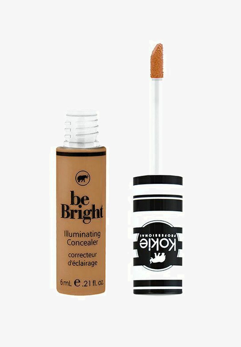 Brun tub med etikett "be Bright Illuminating Concealer," med ett vit-och-svart randigt lock, som har en applikator med doe-foot.