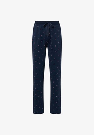 Pantalon de pyjama bleu marine en tissu doux avec une taille à cordon, présentant un motif rouge et blanc dispersé sur toute la surface.