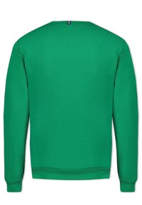 Sudadera verde de manga larga tipo crewneck con puños y dobladillo acanalados, mostrada desde la parte posterior sobre un fondo blanco.